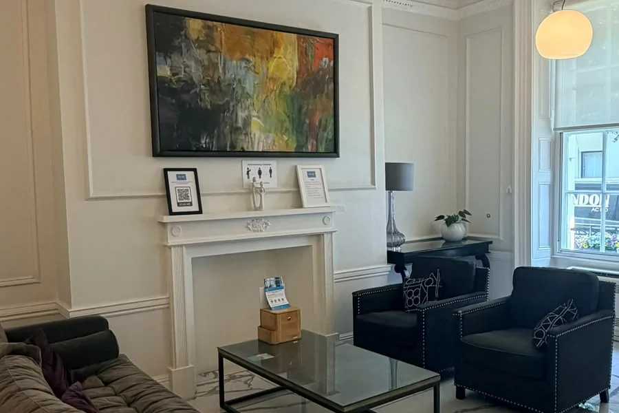 The patient waiting room at Liv Hair and Skin Clinic, 19 Harley Street