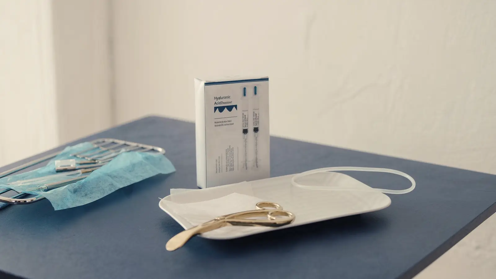 Realistic photographic close-up of hyaluronic acid dermal filler syringes and sterile clinical tray on a clean navy surface w